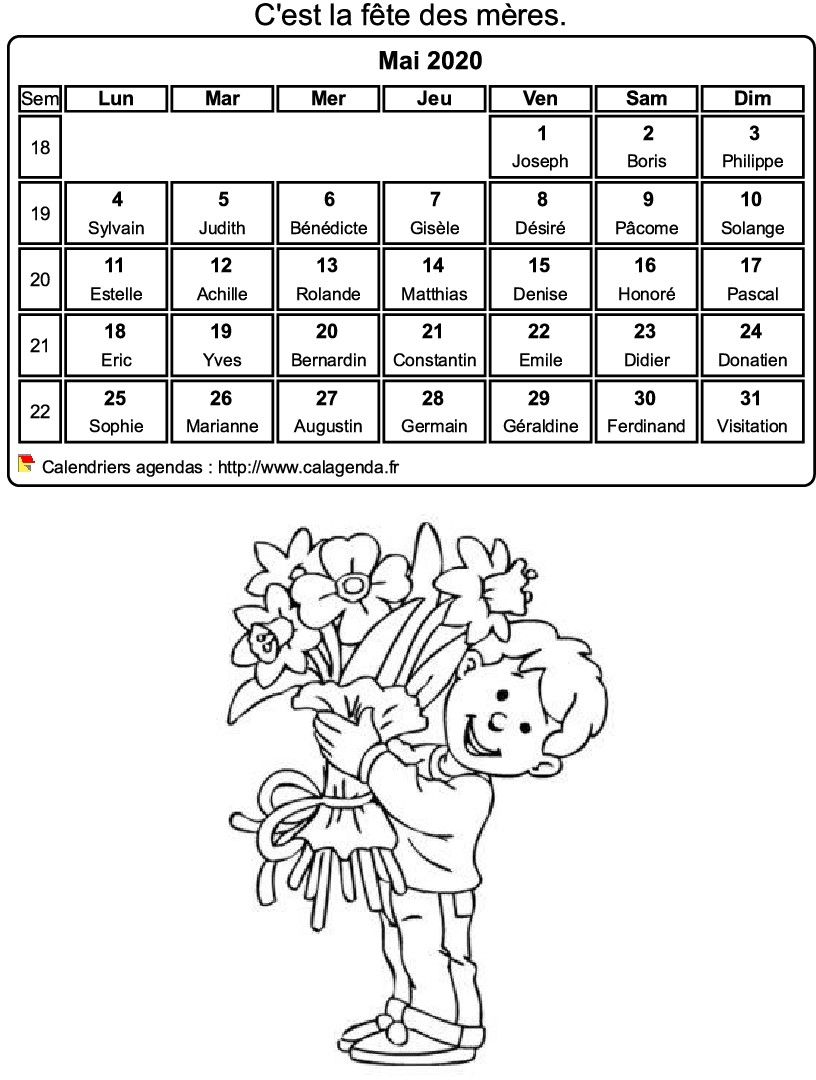 Calendrier 2020 à colorier du mois de mai