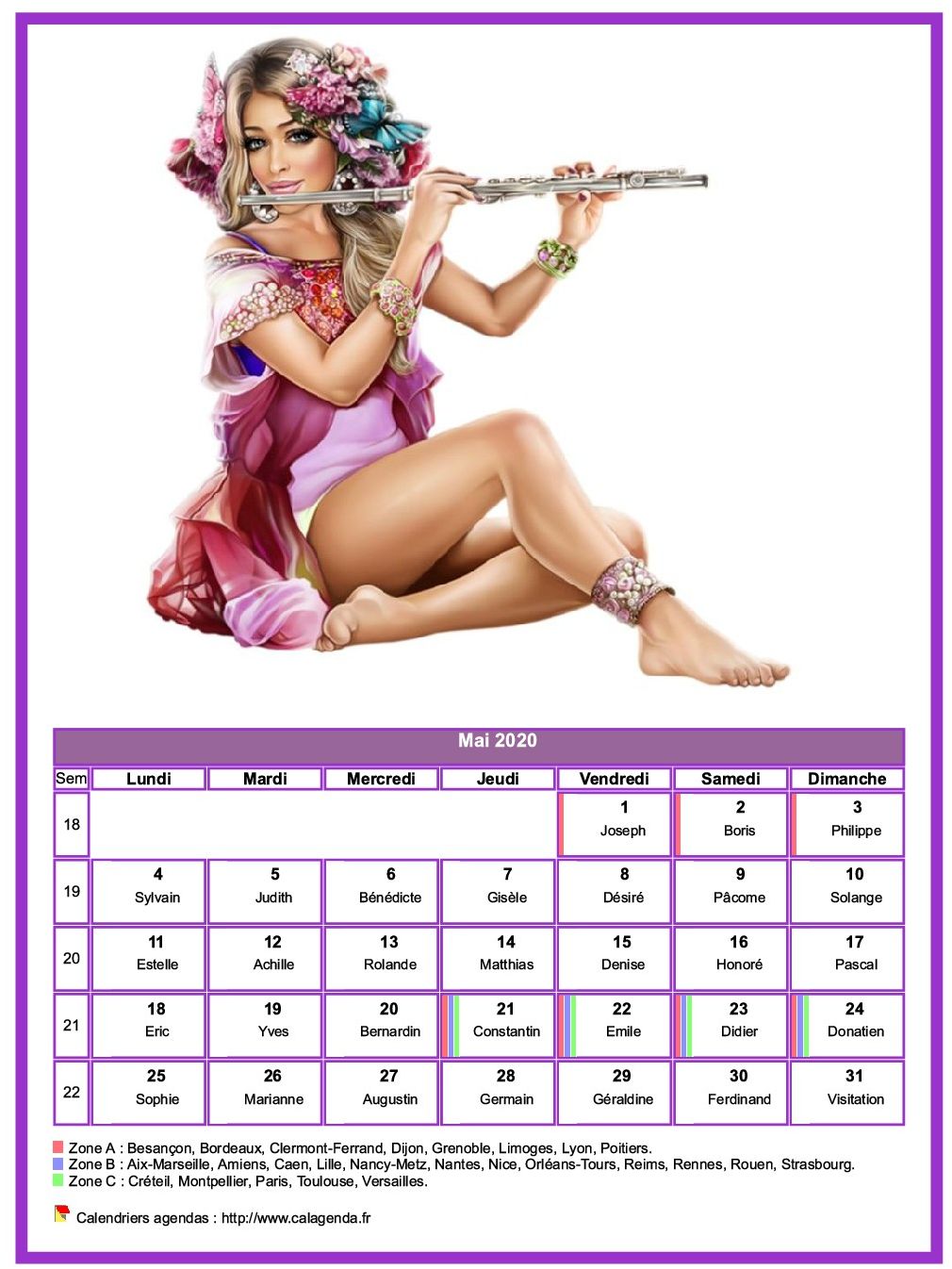 Calendrier mai 2020 femmes