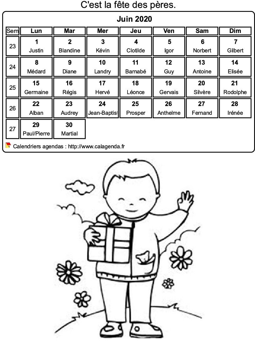 Calendrier 2020 à colorier du mois de juin