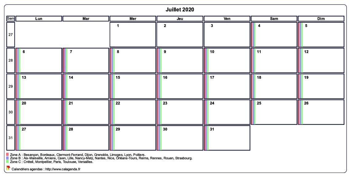 Calendrier juillet 2020 personnalisable avec les vacances scolaires