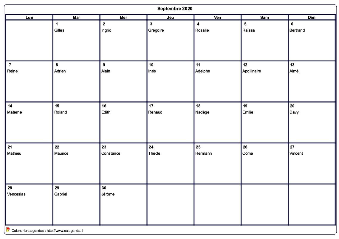 Calendrier septembre 2020 à imprimer vierge, avec les fêtes Calendrier septembre 2020 à imprimer vierge, avec les fêtes