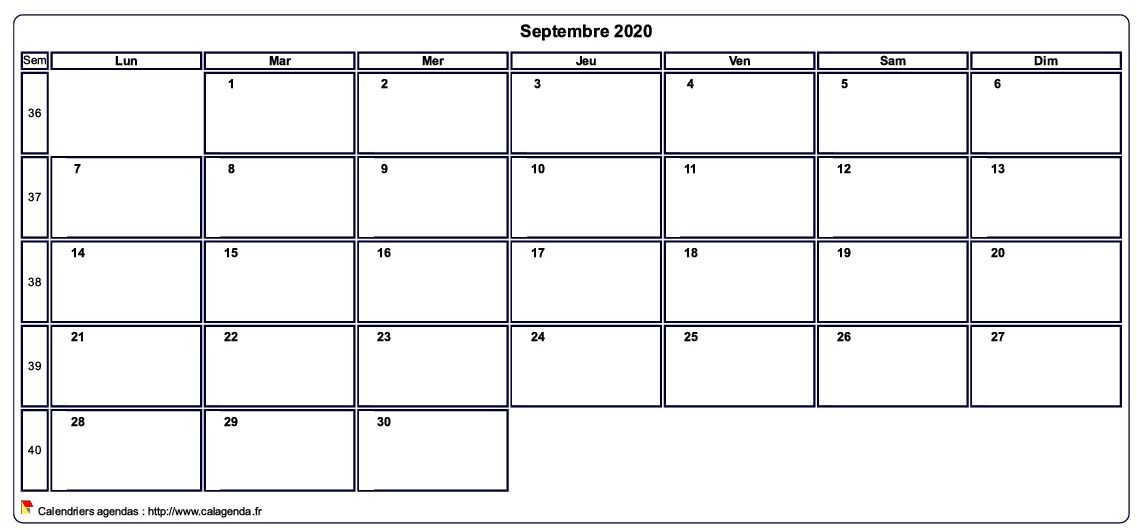 Calendrier septembre 2020 personnalisable avec les vacances scolaires