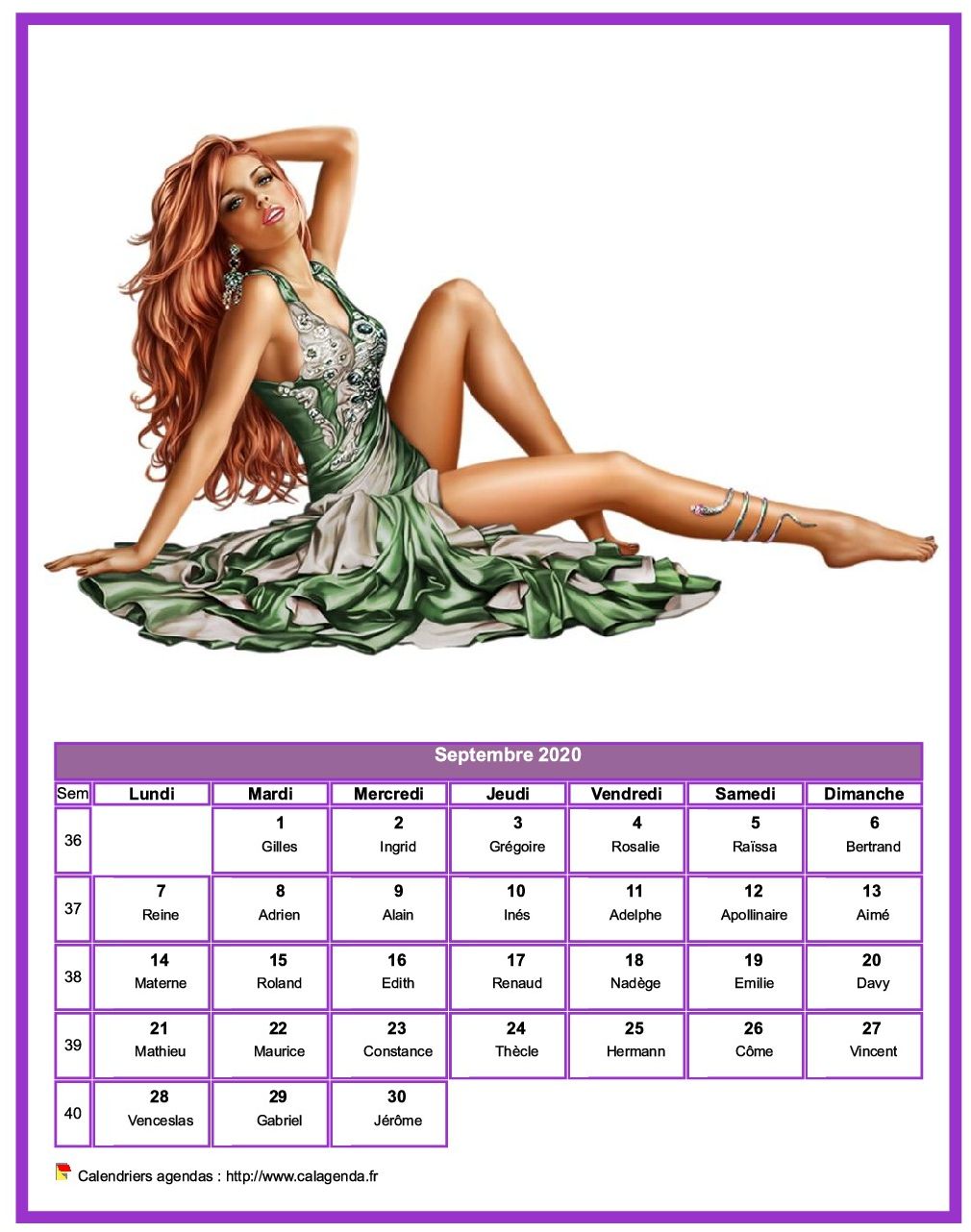 Calendrier septembre 2020 femmes