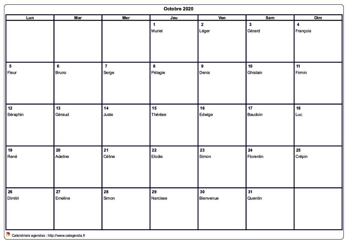 Calendrier octobre 2020 à imprimer vierge, avec les fêtes