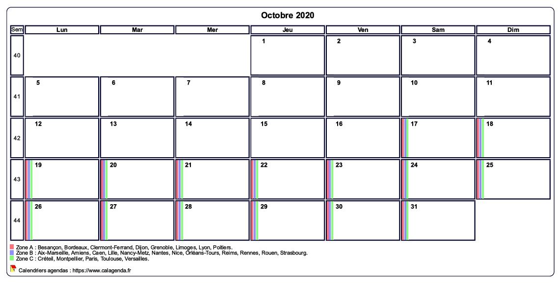 Calendrier octobre 2020 personnalisable avec les vacances scolaires