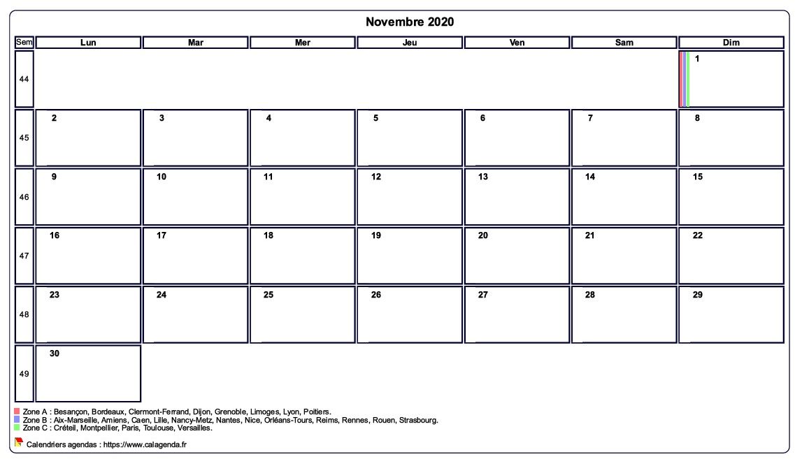 Calendrier novembre 2020 personnalisable avec les vacances scolaires