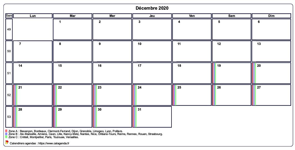 Calendrier décembre 2020 personnalisable avec les vacances scolaires Calendrier décembre 2020 personnalisable avec les vacances scolaires
