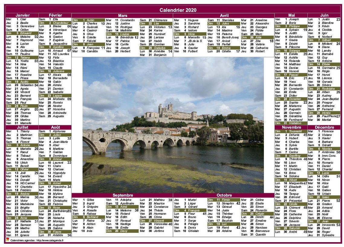 Calendrier 2020 annuel paysage style postes