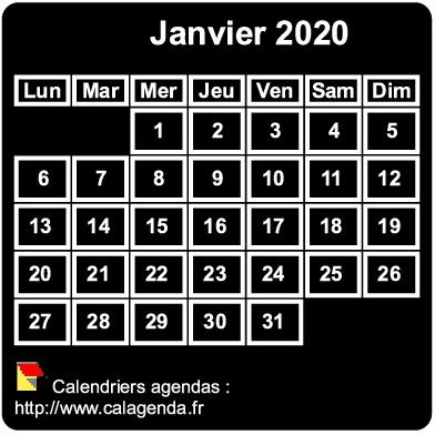 Calendrier mensuel 2020 à imprimer, fond noir, taille mini, format poche, spécial portefeuille