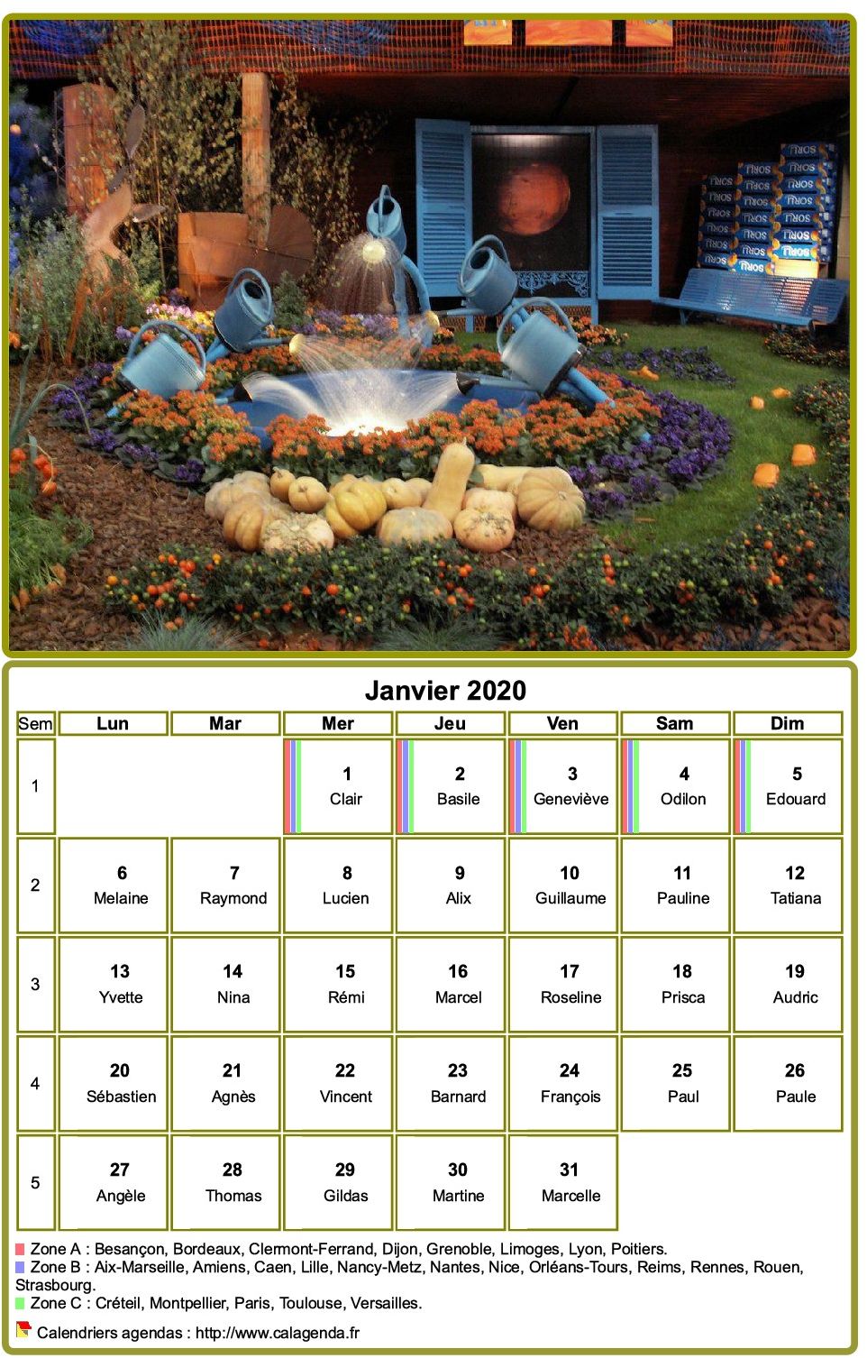 Calendrier 2020 à imprimer, mensuel, avec photographie au dessus