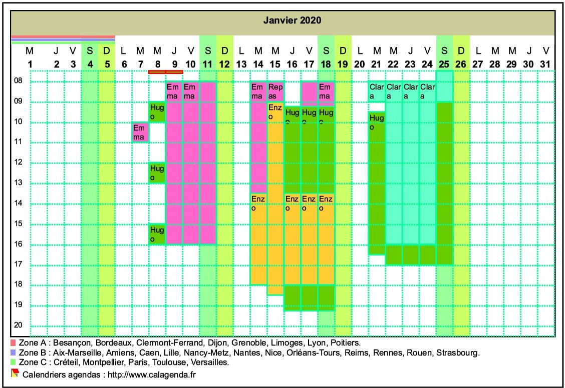 Calendrier planning horizontal mensuel avec la grille des horaires