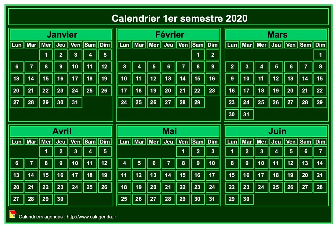 Calendrier 2020 à imprimer, semestriel, format mini de poche, fond vert