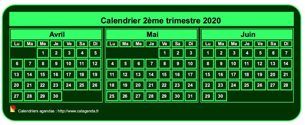 Calendrier 2020 à imprimer trimestriel, format mini de poche, fond vert