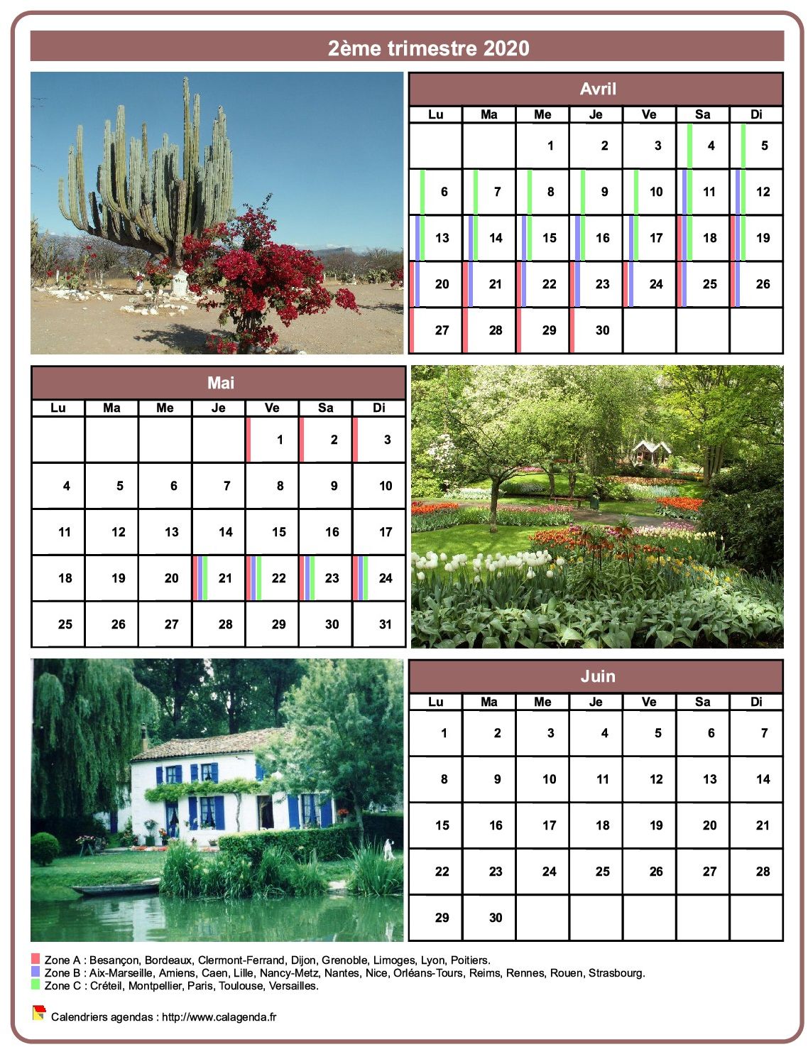 Calendrier 2020 trimestriel avec une photo différente chaque mois