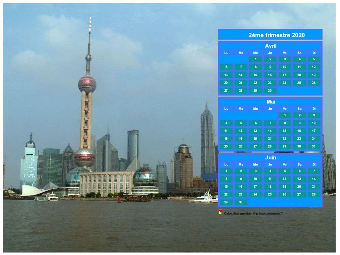 Calendrier 2020 à imprimer trimestriel, format paysage, au dessus de la partie droite d'une photo (Shangaï).