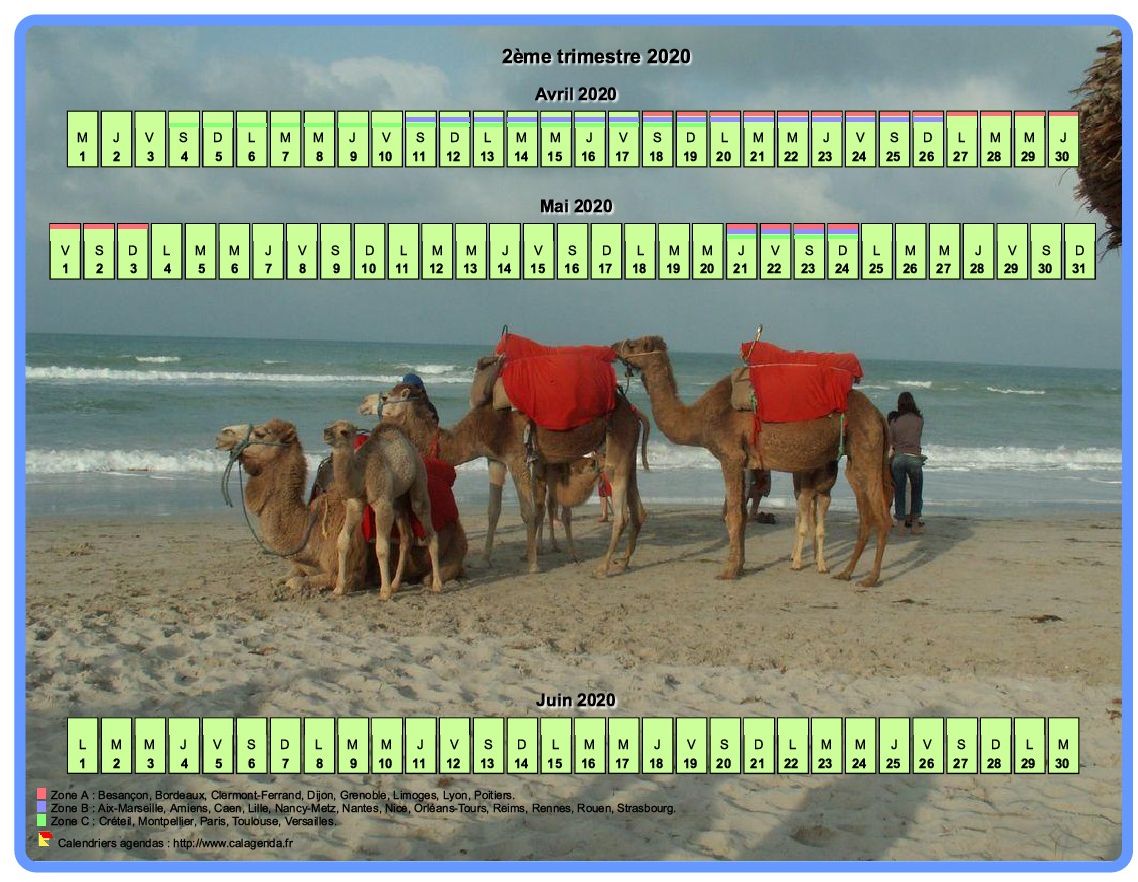 Calendrier 2020 trimestriel horizontal avec une photo en fond de calendrier