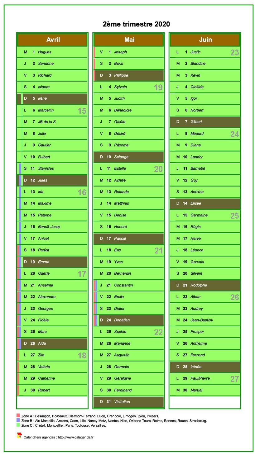 Calendrier 2020 par défaut du calendrier agenda trimestriel civil, une colonne par mois