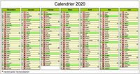 Calendrier semestriel 2020 de sept mois (décembre à juin et juillet à janvier)