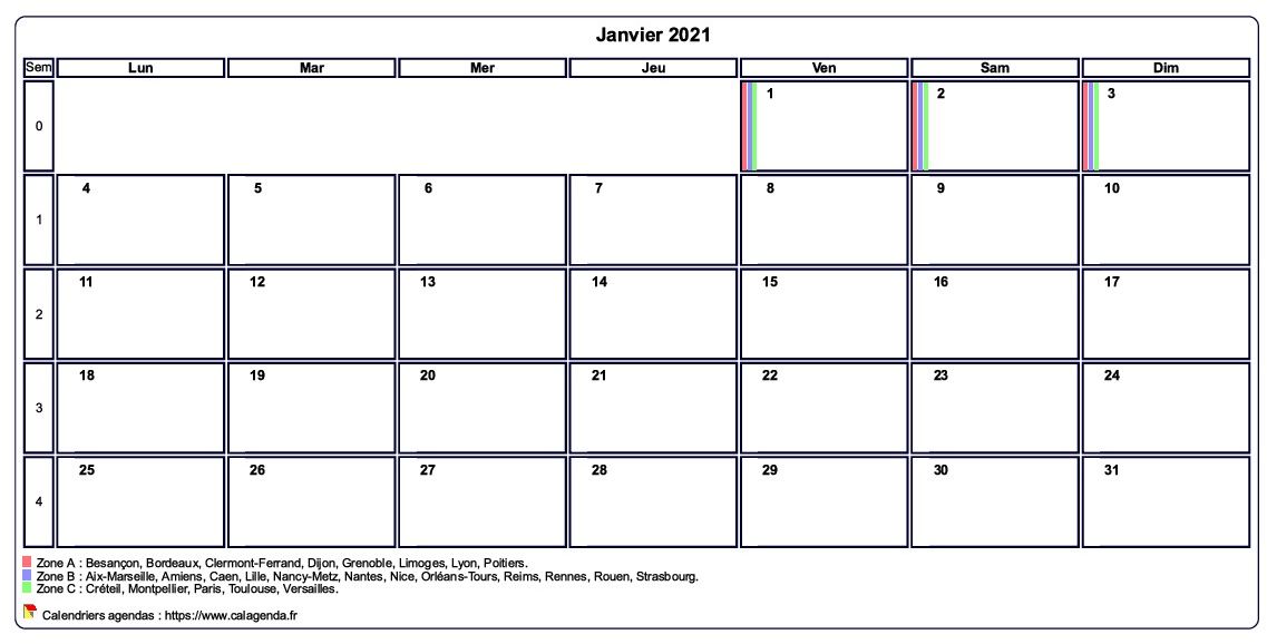 Calendrier janvier 2021 personnalisable avec les vacances scolaires