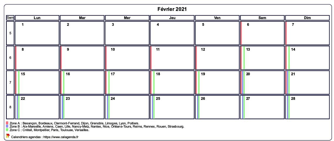 Calendrier février 2021 personnalisable avec les vacances scolaires