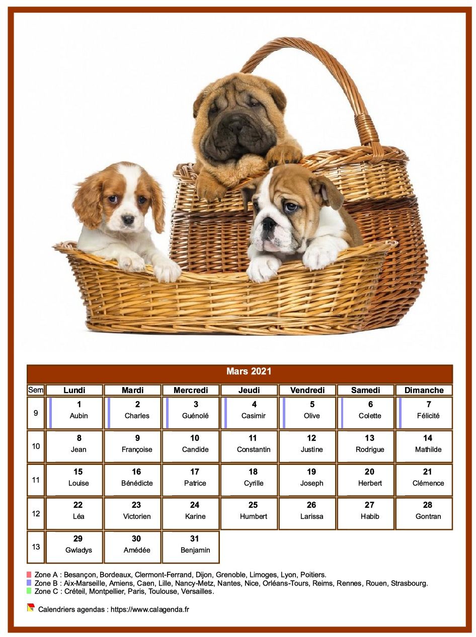 Calendrier mars 2021 chiens