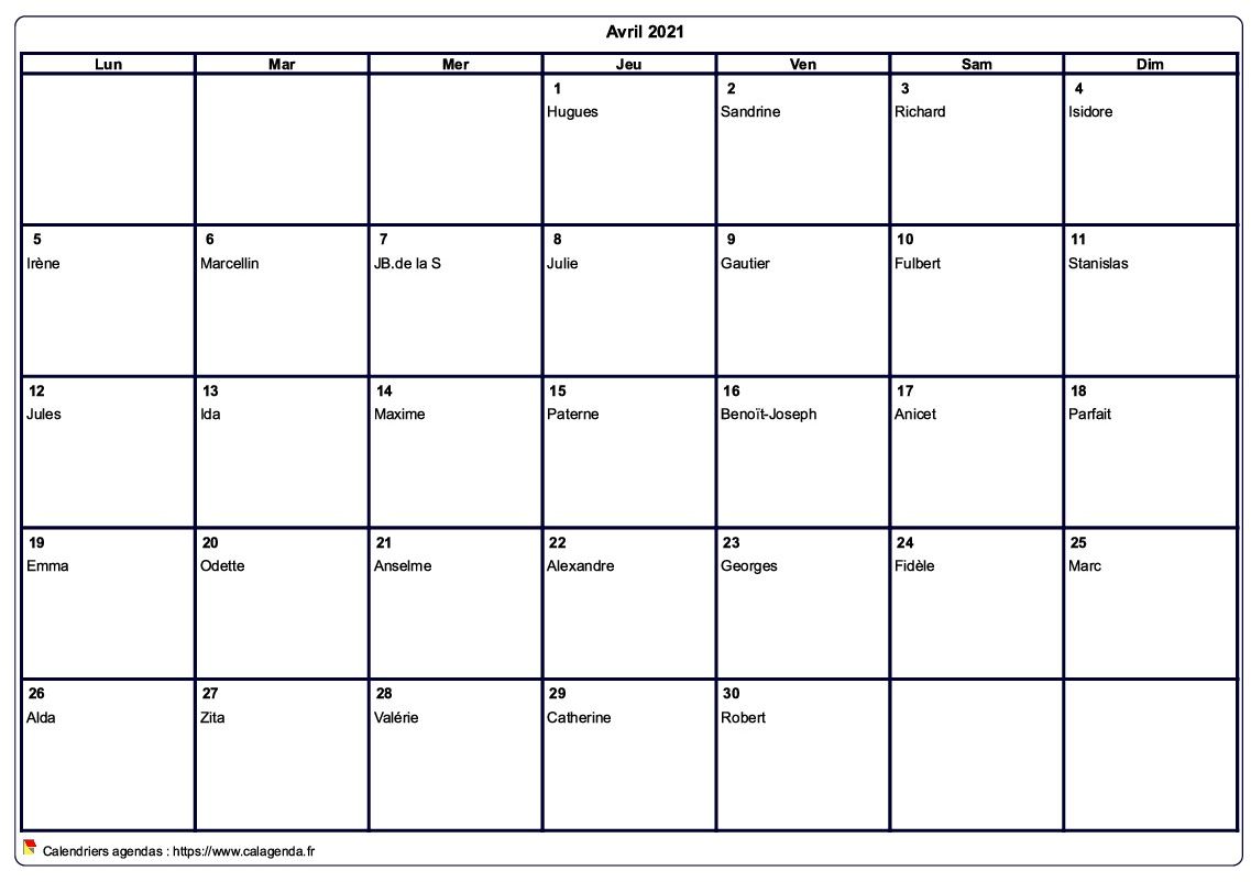Calendrier avril 2021 à imprimer vierge, avec les fêtes Calendrier avril 2021 à imprimer vierge, avec les fêtes
