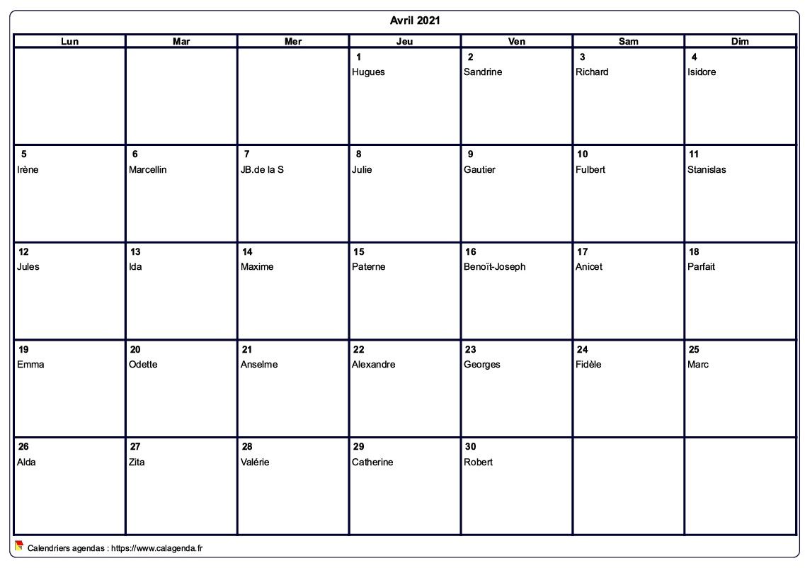 Calendrier avril 2021 à imprimer vierge, avec les fêtes