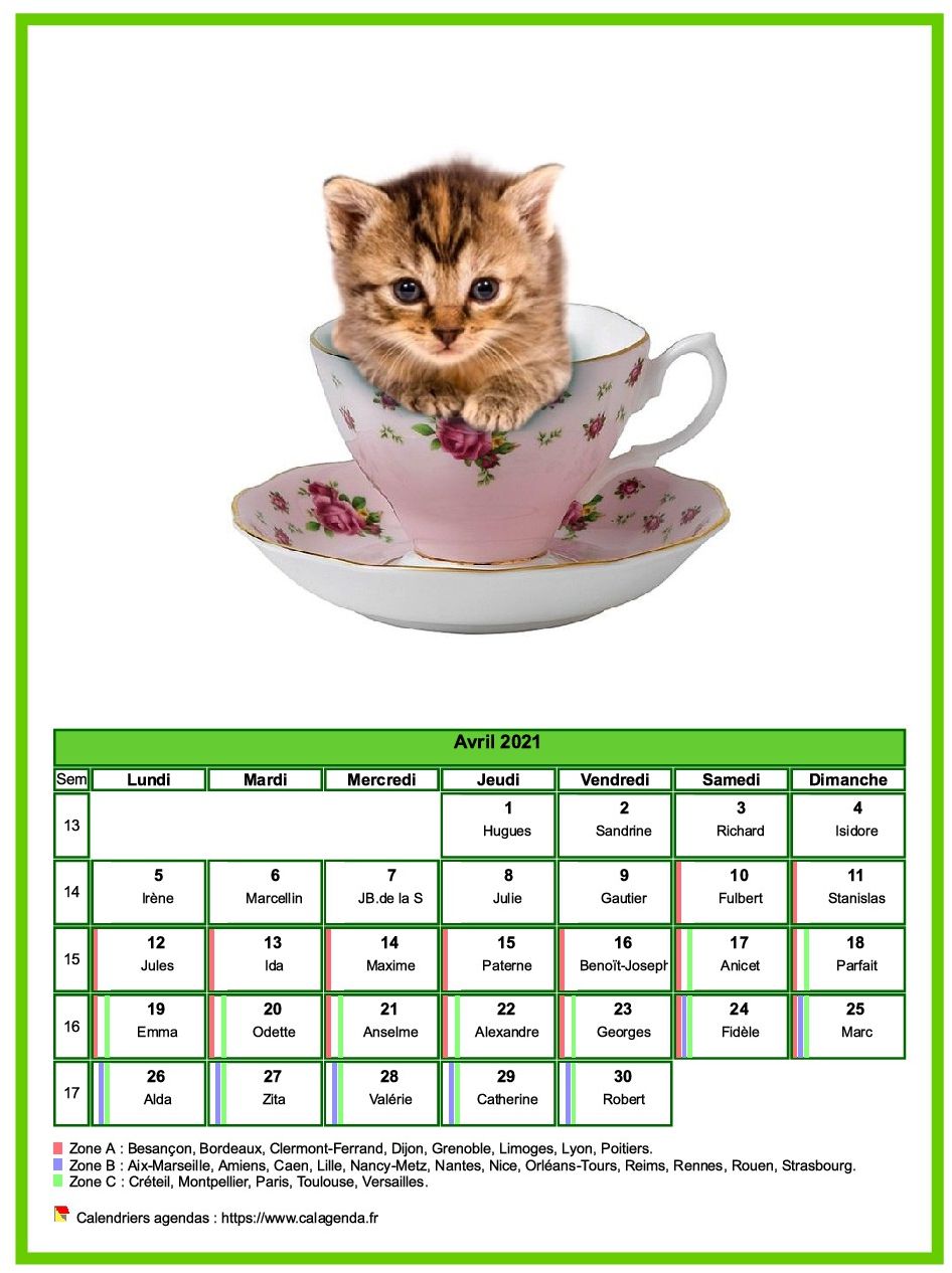 Calendrier avril 2021 chats