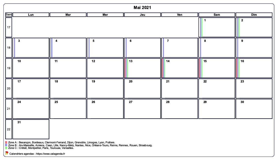 Calendrier mai 2021 personnalisable avec les vacances scolaires