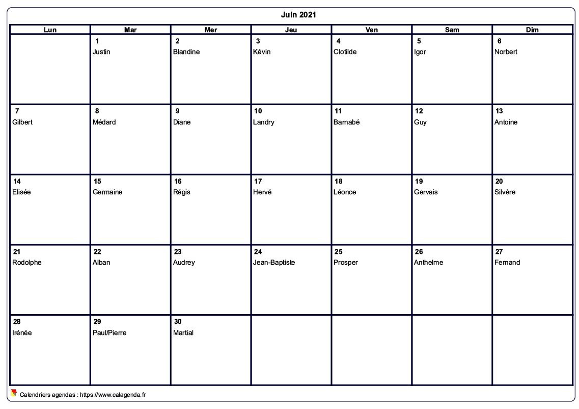 Calendrier Vierge Juin 2023 Calendrier Juin 2021 À Imprimer Vierge, Avec Les Fêtes