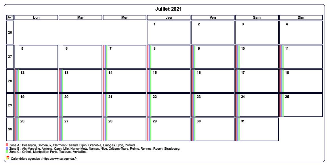 Calendrier juillet 2021 personnalisable avec les vacances scolaires