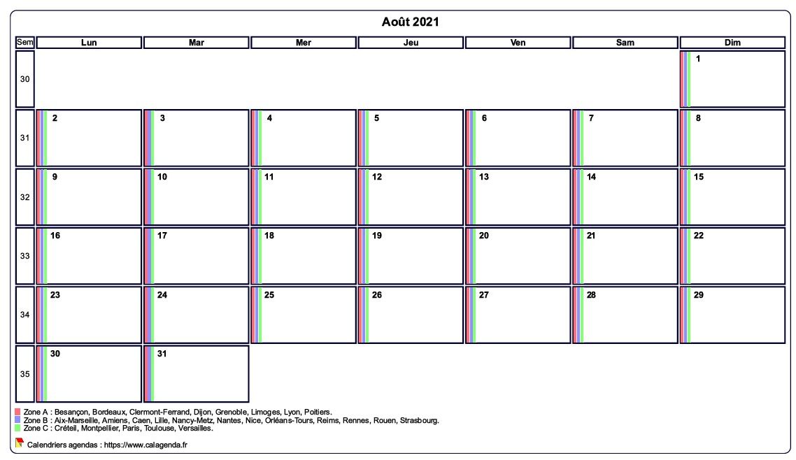 Calendrier août 2021 personnalisable avec les vacances scolaires