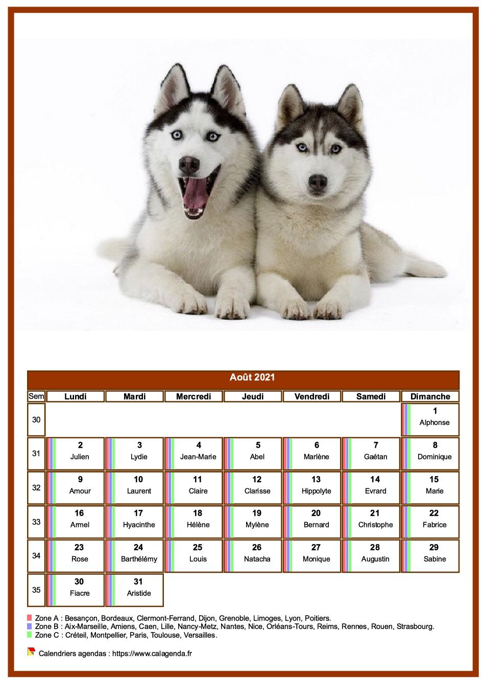 Calendrier août 2021 chiens