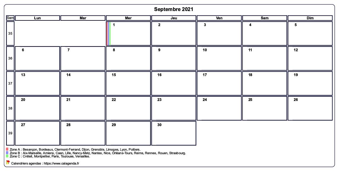 Calendrier septembre 2021 personnalisable avec les vacances scolaires
