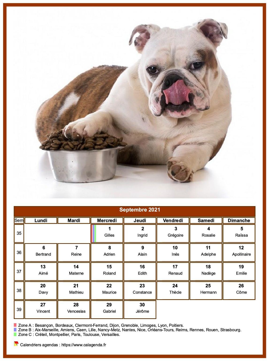 Calendrier septembre 2021 chiens