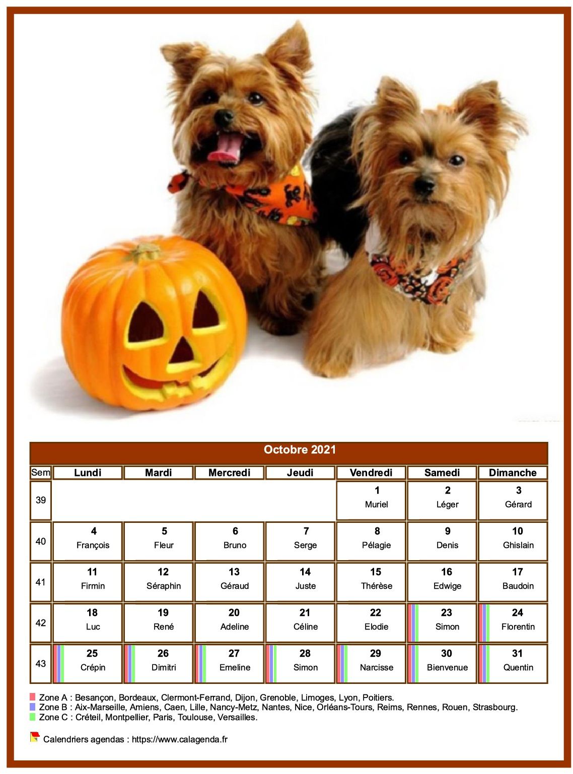 Calendrier octobre 2021 chiens