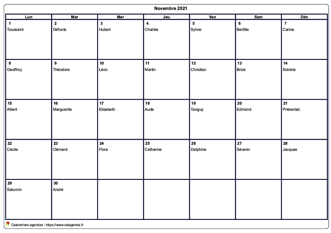 Calendrier novembre 2021 à imprimer vierge, avec les fêtes