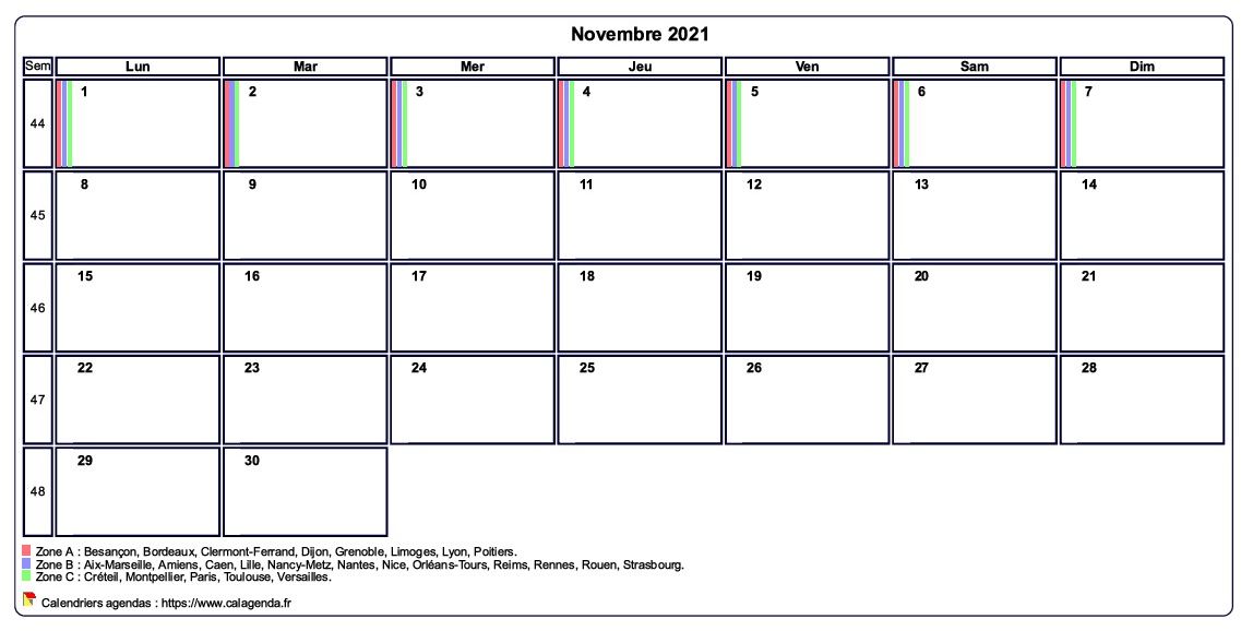 Calendrier novembre 2021 personnalisable avec les vacances scolaires