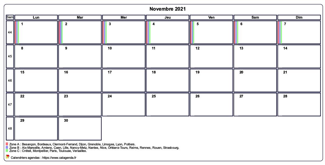 Calendrier novembre 2021 personnalisable avec les vacances scolaires