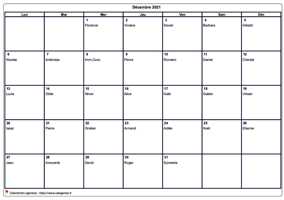Calendrier décembre 2021 à imprimer vierge, avec les fêtes