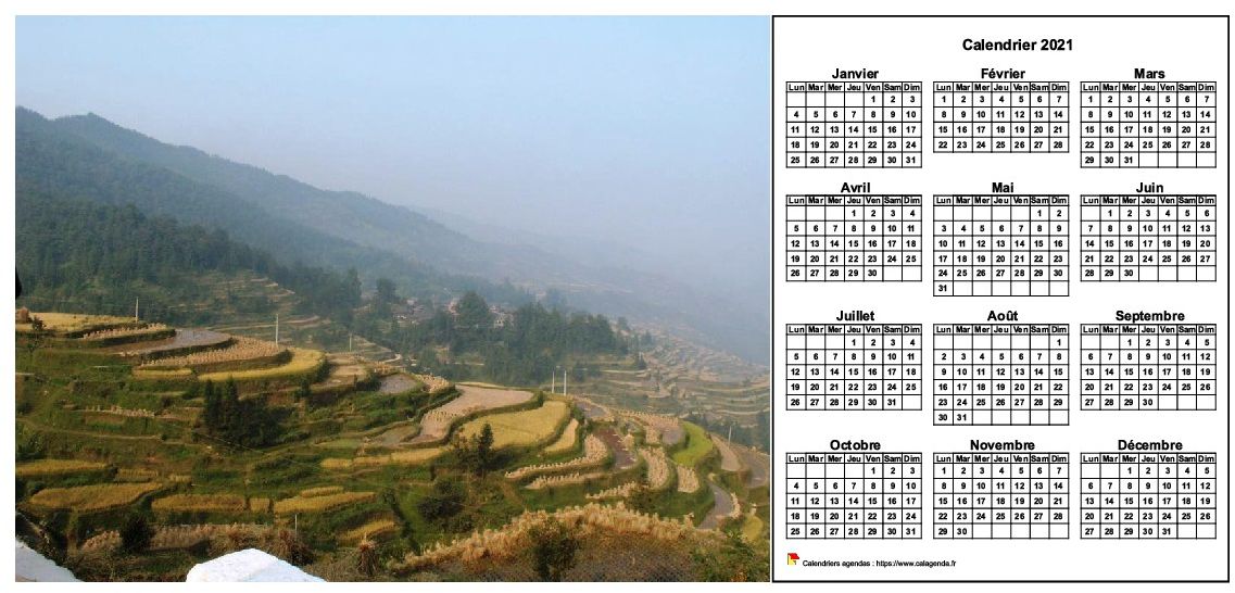 Calendrier 2021 annuel à imprimer, format paysage, une ligne par trimestre, à droite d'une photo Calendrier 2021 annuel à imprimer, format paysage, une ligne par trimestre, à droite d'une photo