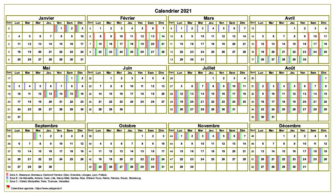 calendrier annuel avec semaine de calendrier Grand calendrier annuel 2020 vacances scolaires format A3 paysage pour une utilisation en format paysage