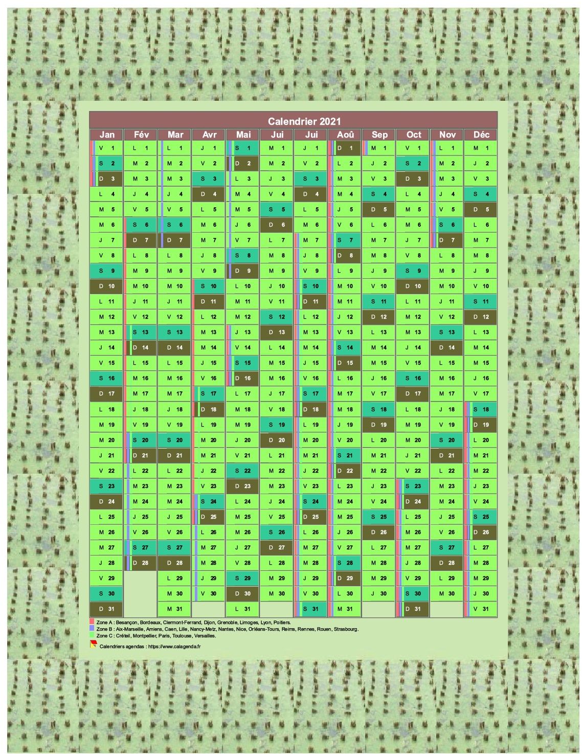 Calendrier 2021 annuel décoratif, 12 colonnes, cadre photo vert, avec les vacances scolaires