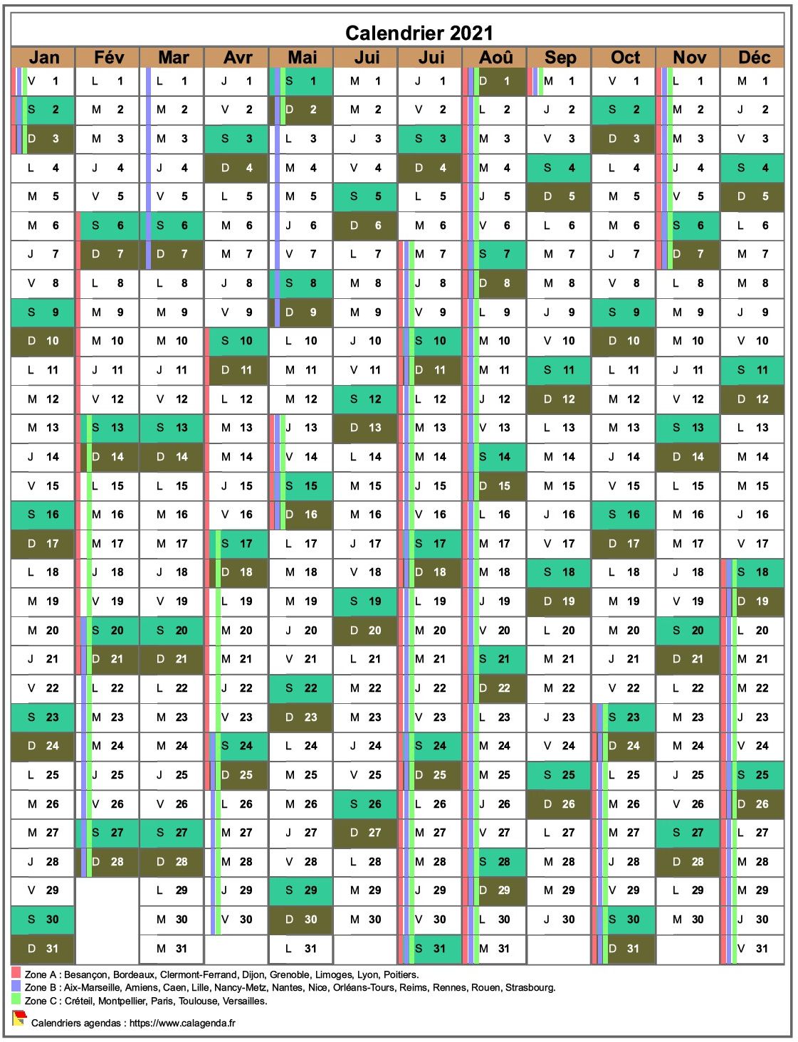 Calendrier 2021 annuel, 12 colonnes, avec les vacances scolaires Calendrier 2021 annuel, 12 colonnes, avec les vacances scolaires