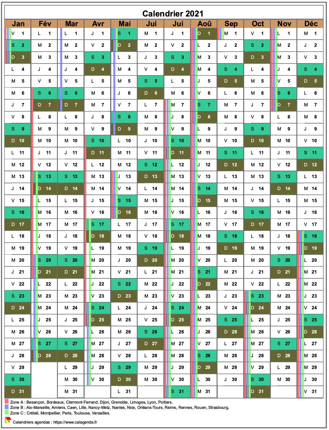 Calendrier 2021 annuel, 12 colonnes, avec les vacances scolaires