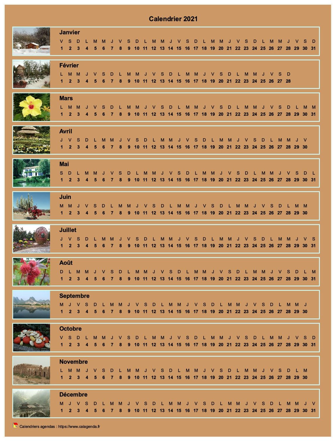 Calendrier 2021 annuel horizontal avec 12 photos