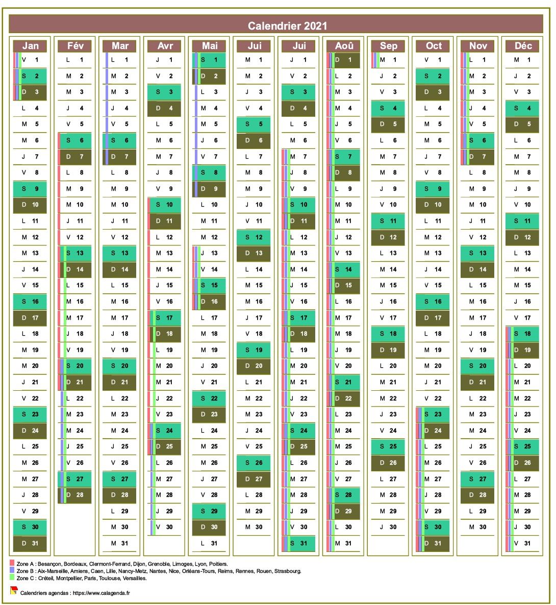Calendrier 2021 annuel de 12 colonnes, avec agenda synthétique