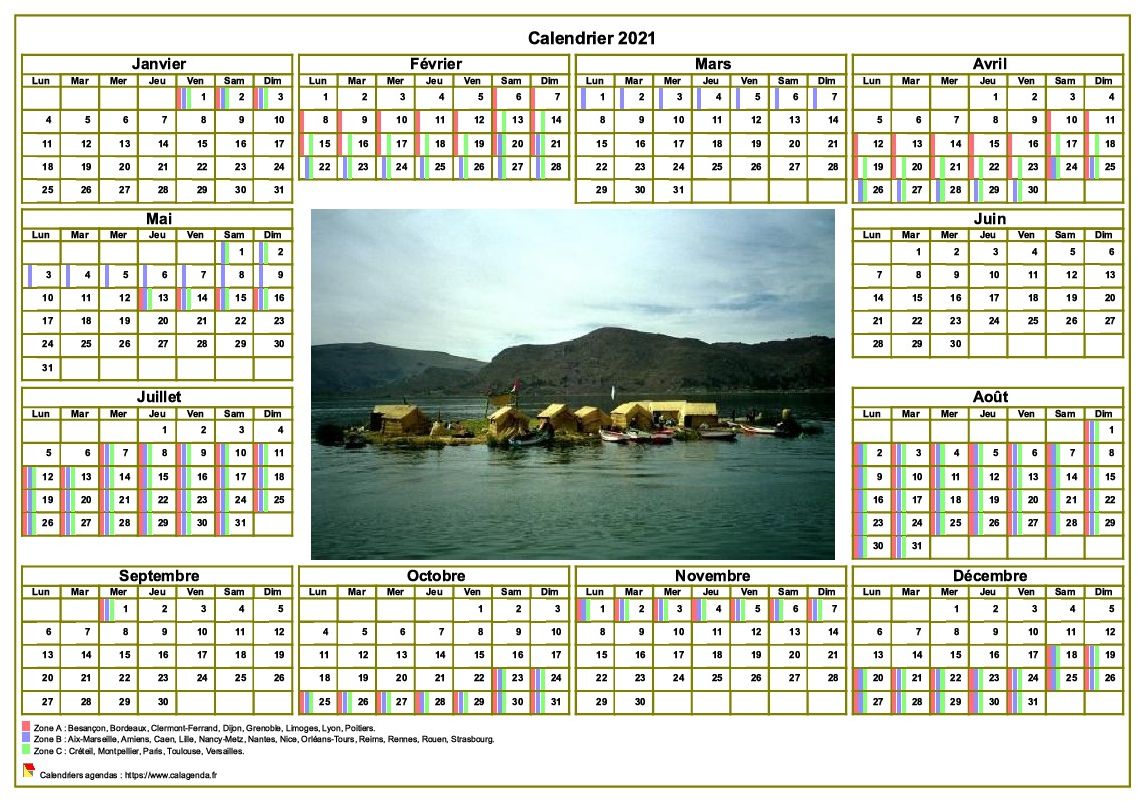 Calendrier 2021annuel avec photo, agenda synthétique, format paysage, sous-main ou mural