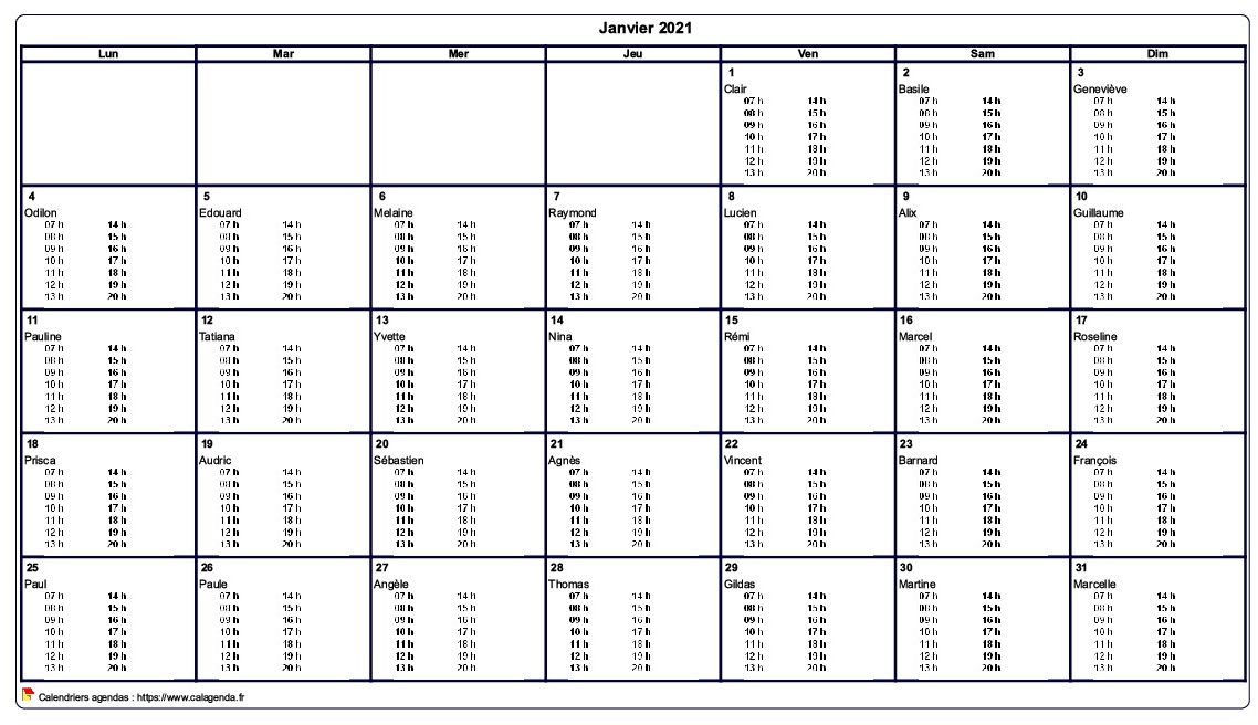 Calendrier mensuel 2021 à imprimer vierge, avec les horaires dans chaque case