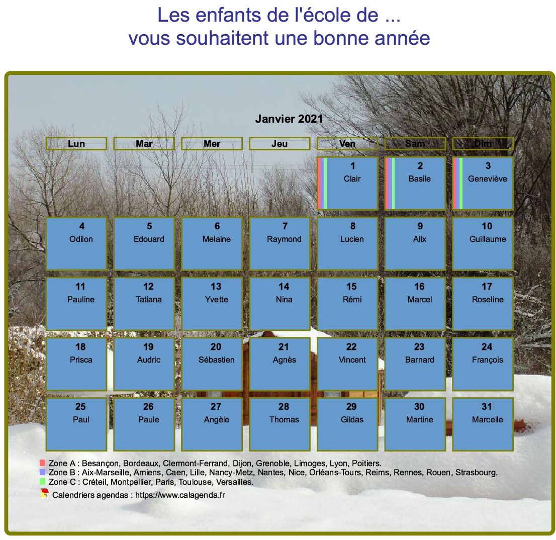 Calendrier 2021 agenda mensuel artistique avec photo et légende, paysage hivernal